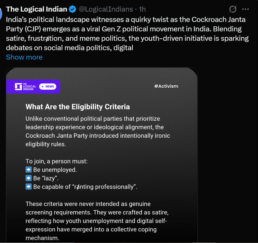 Cockroach Janta Party Outlines Strict Eligibility Criteria, Commits to RTI Accountability After Activist Feedback
